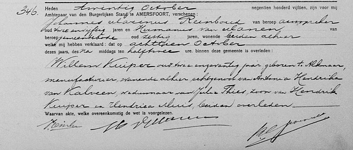  - overlijdensakte Amersfoort 18-10-1915 -  Willem Kuiper